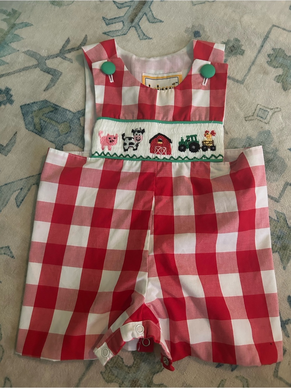 Red Gingham Smocked Farm Overall Shortall for Kids